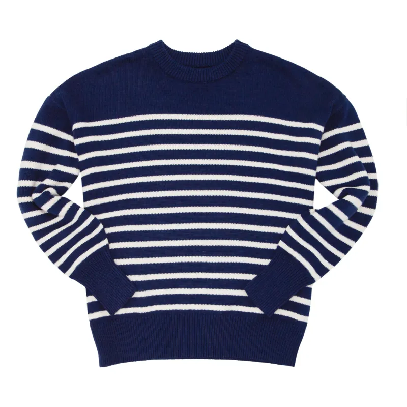 women's navy and cream stripe knit sweater made by minnow