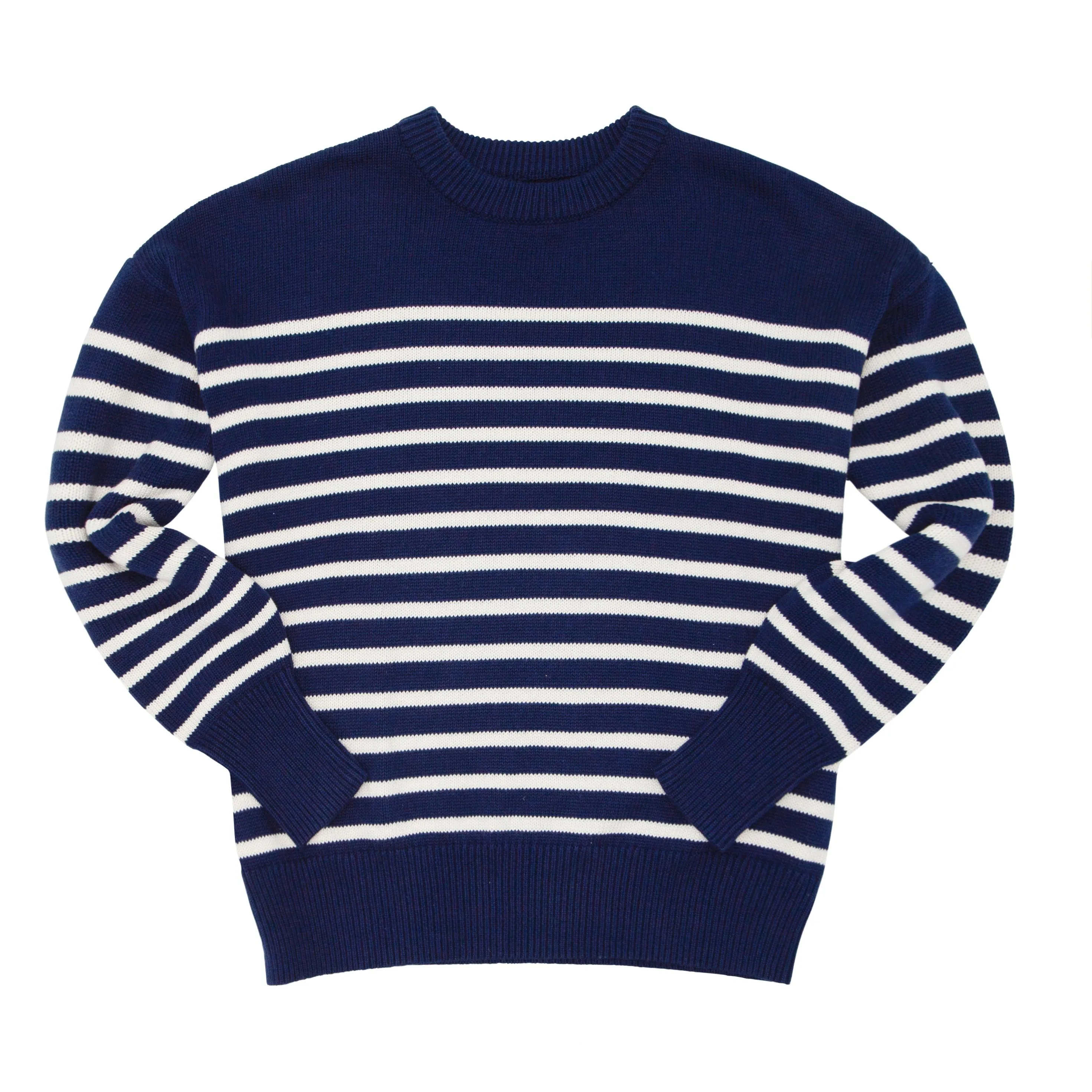 women's navy and cream stripe knit sweater sold by minnow
