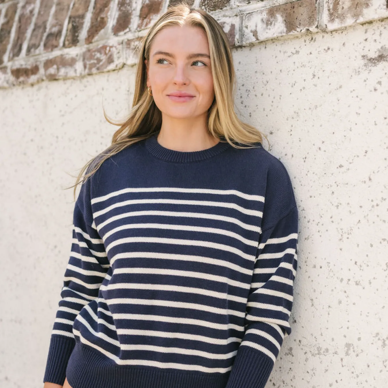 women's navy and cream stripe knit sweater sold by minnow product image thumbnail 3