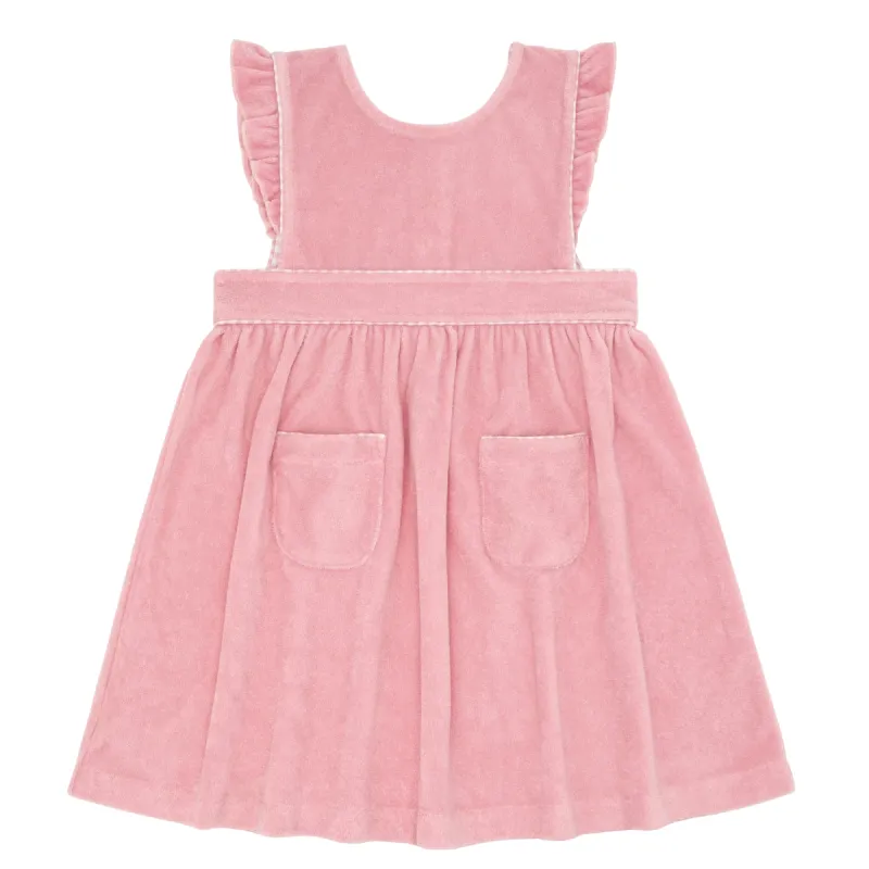 girls pink guava french terry ruffle sleeve pinafore dress sold by minnow