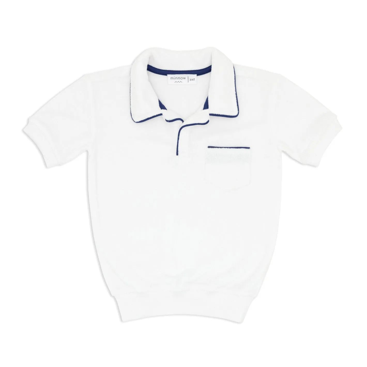 unisex white french terry polo with navy trim sold by minnow