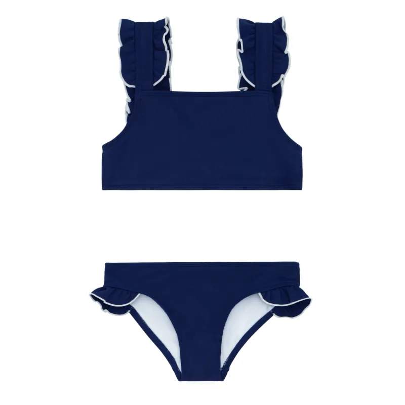 girls navy with white trim ruffle strap bikini sold by minnow