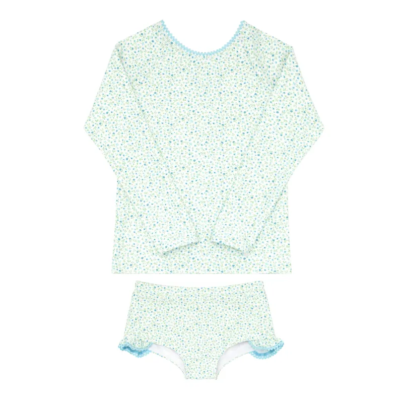 girls hibiscus ditsy rashguard set with ruffle edge swimshorts sold by minnow