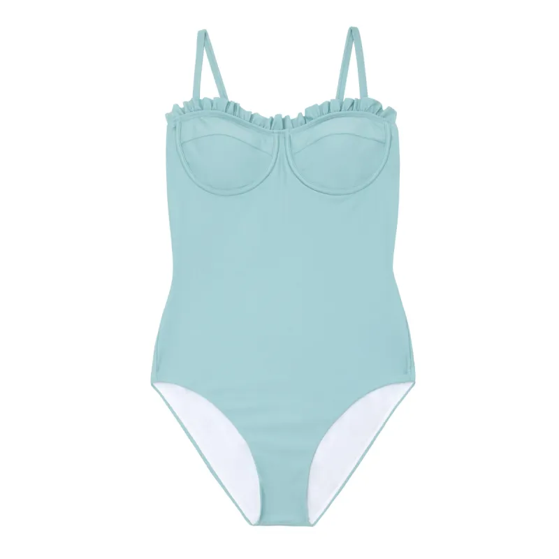 women's sea blue ruffle edge one piece sold by minnow
