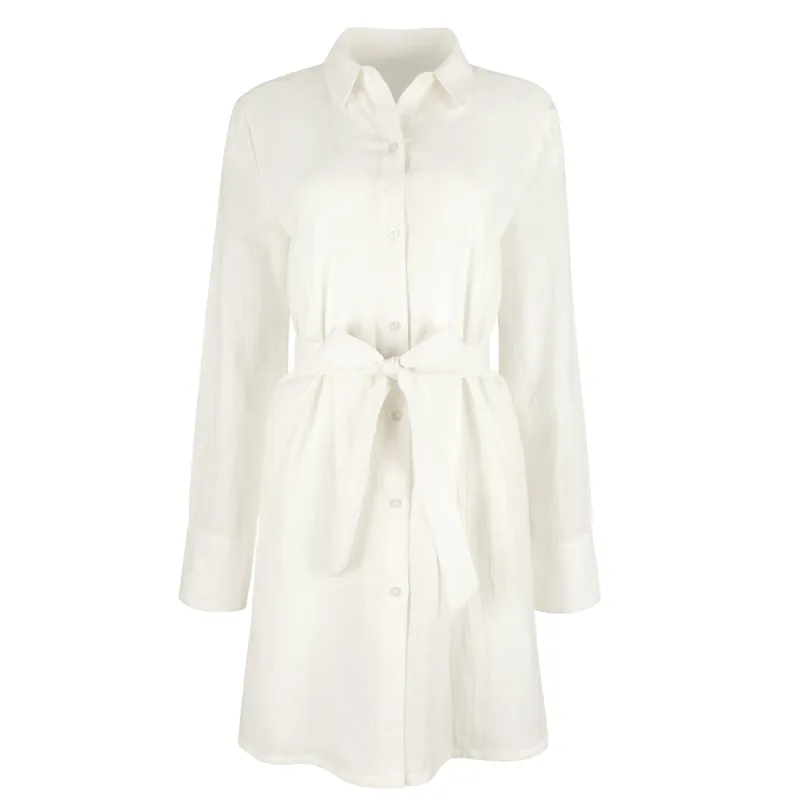women's long sleeve white cotton button-down dress sold by minnow