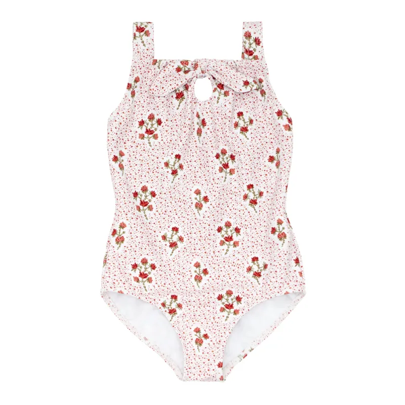 girls raspberry red gathered one piece sold by minnow