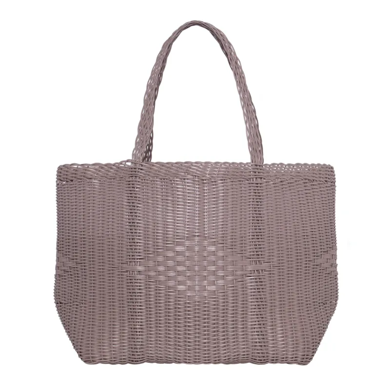 gray woven beach bag sold by minnow