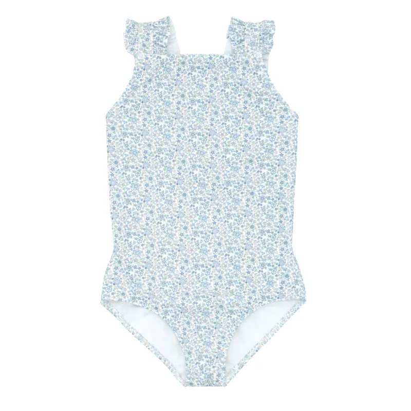 girls slate floral ruffle strap one piece sold by minnow