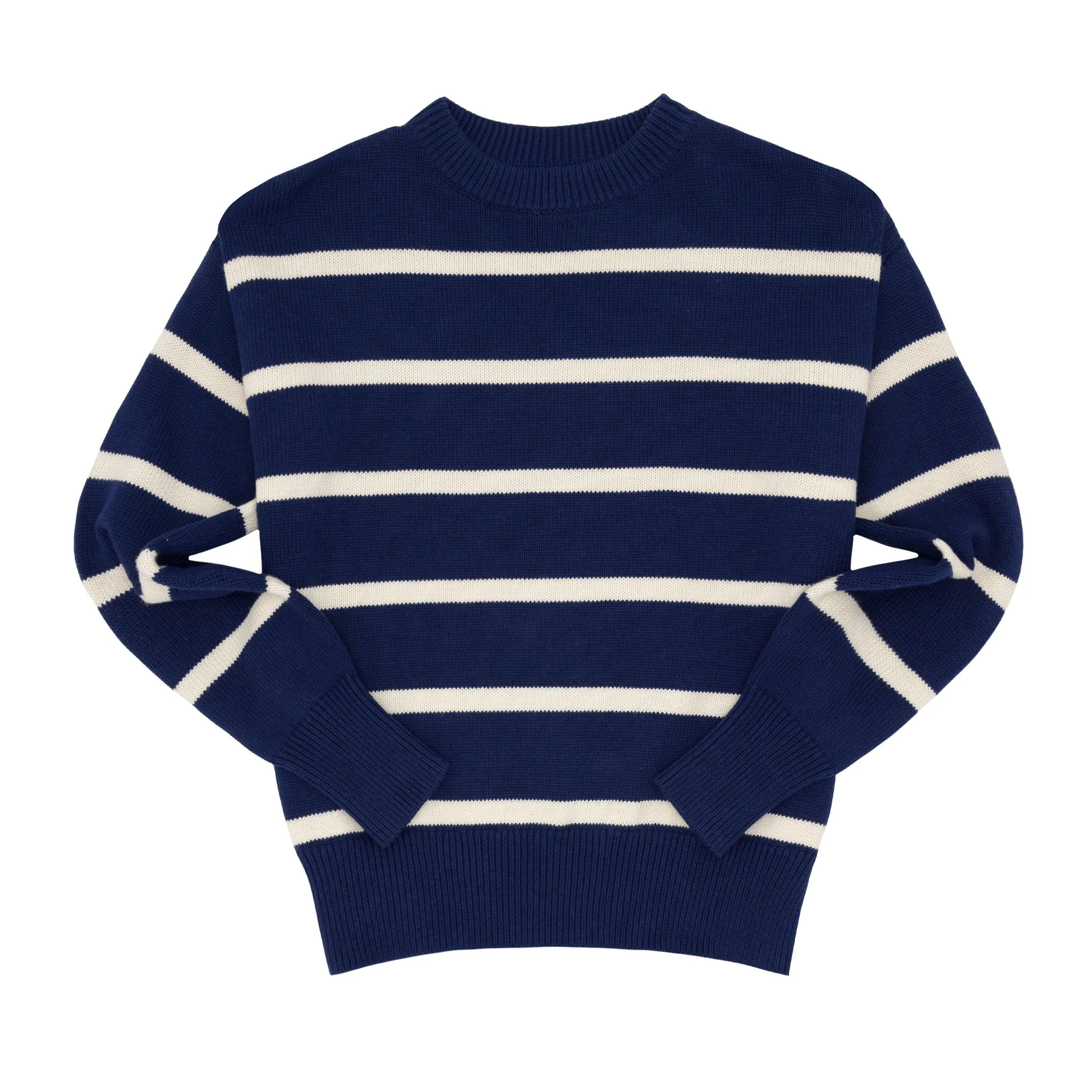 women's navy and cream wide stripe knit sweater sold by minnow