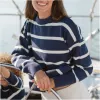 women's navy and cream wide stripe knit sweater sold by minnow