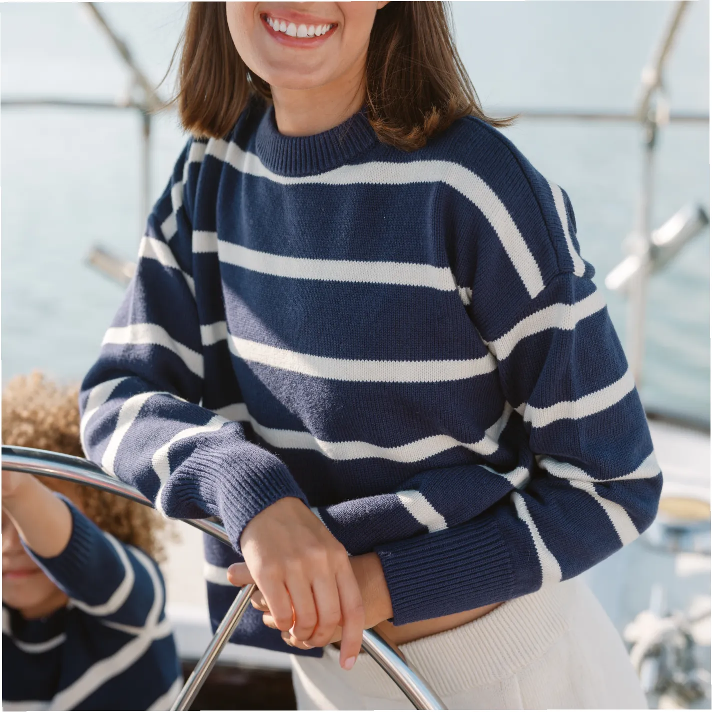 women's navy and cream wide stripe knit sweater sold by minnow product image thumbnail 2