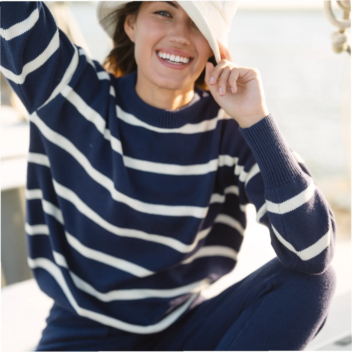 women's navy and cream wide stripe knit sweater sold by minnow product image thumbnail 4