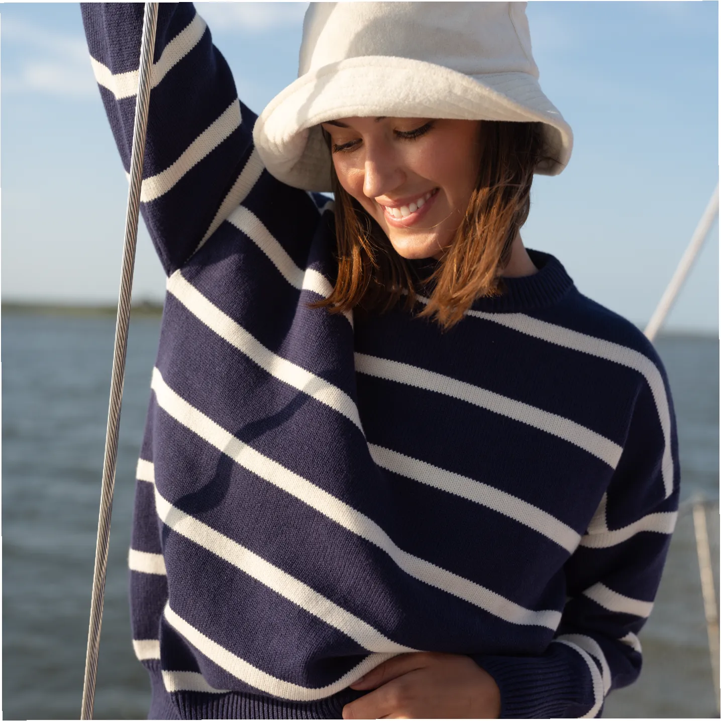 women's navy and cream wide stripe knit sweater sold by minnow product image thumbnail 3