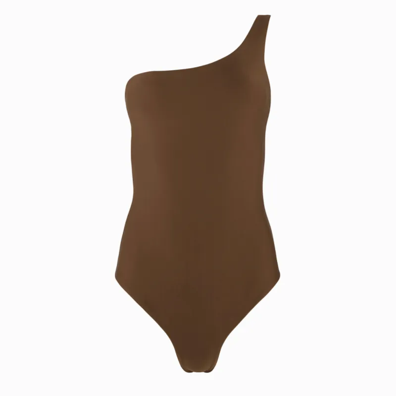 women's crème and dark brown one shoulder reversible one piece sold by minnow