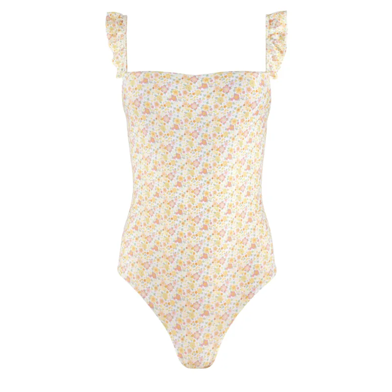 women's marigold floral low back ruffle one piece sold by minnow