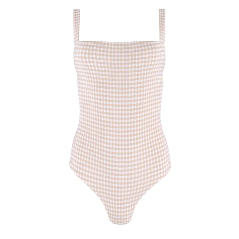 women's brown crinkle gingham low back one piece sold by minnow