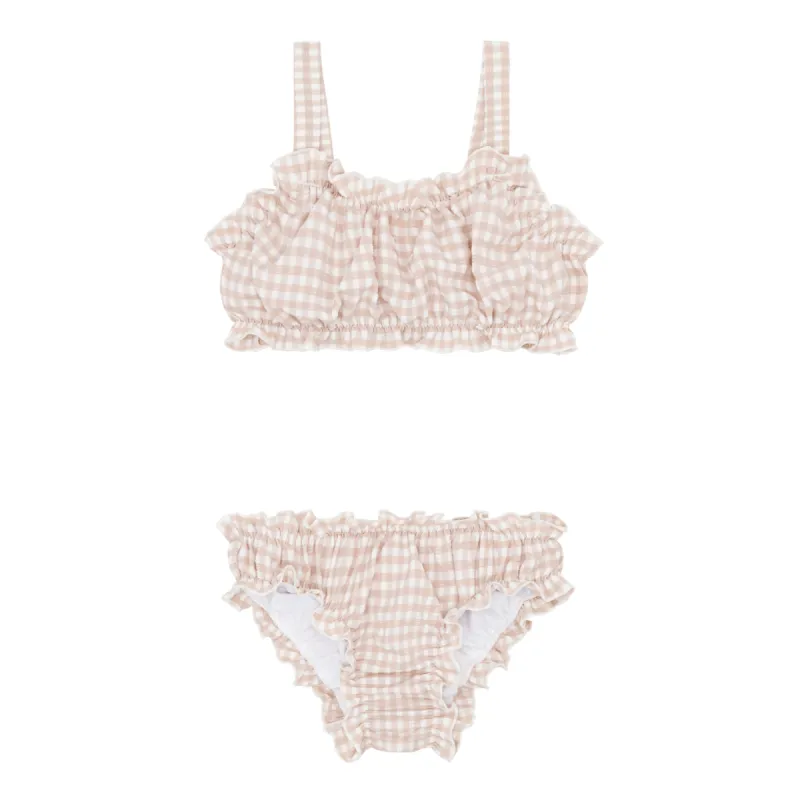 girls brown crinkle gingham ruffle edge bikini sold by minnow