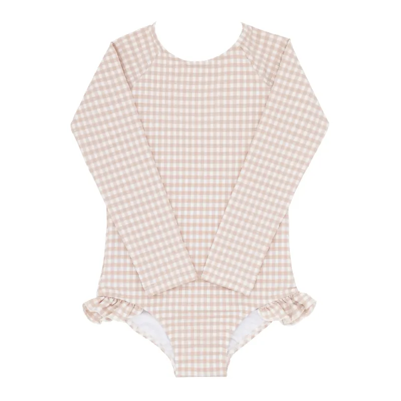 girls brown crinkle gingham rashguard one piece sold by minnow