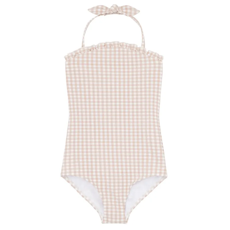 girls brown crinkle gingham halter one piece made by minnow