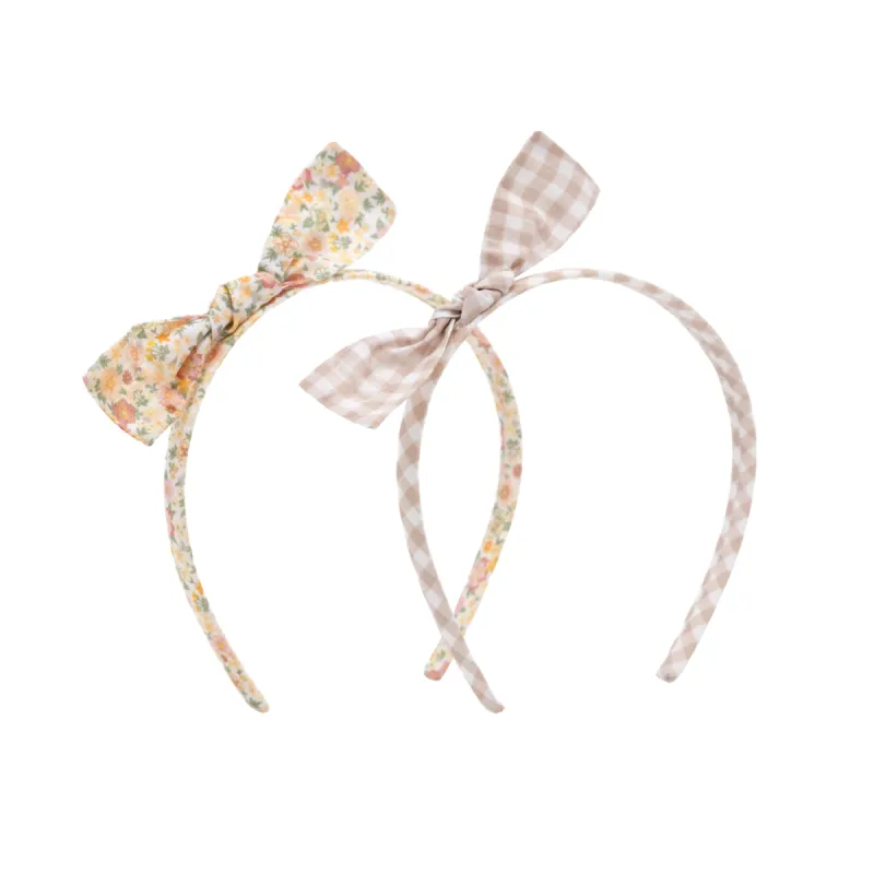 marigold floral and brown gingham headband sold by minnow