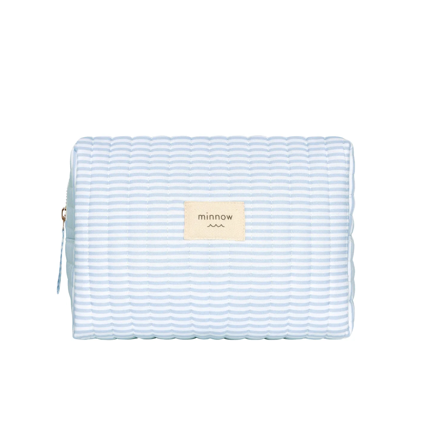 powder blue stripe interior coated travel pouch sold by minnow