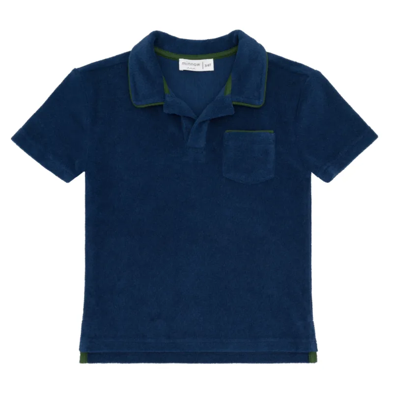 unisex navy french terry polo with evergreen trim sold by minnow