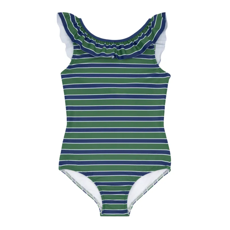 girls evergreen stripe ruffle collar one piece sold by minnow