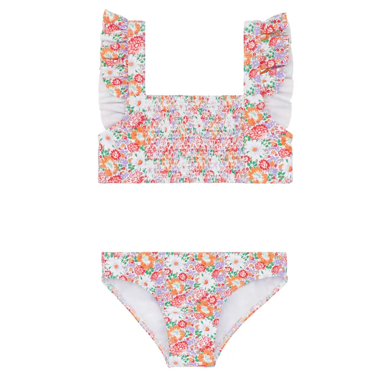 girls island blossom smocked ruffle strap bikini sold by minnow