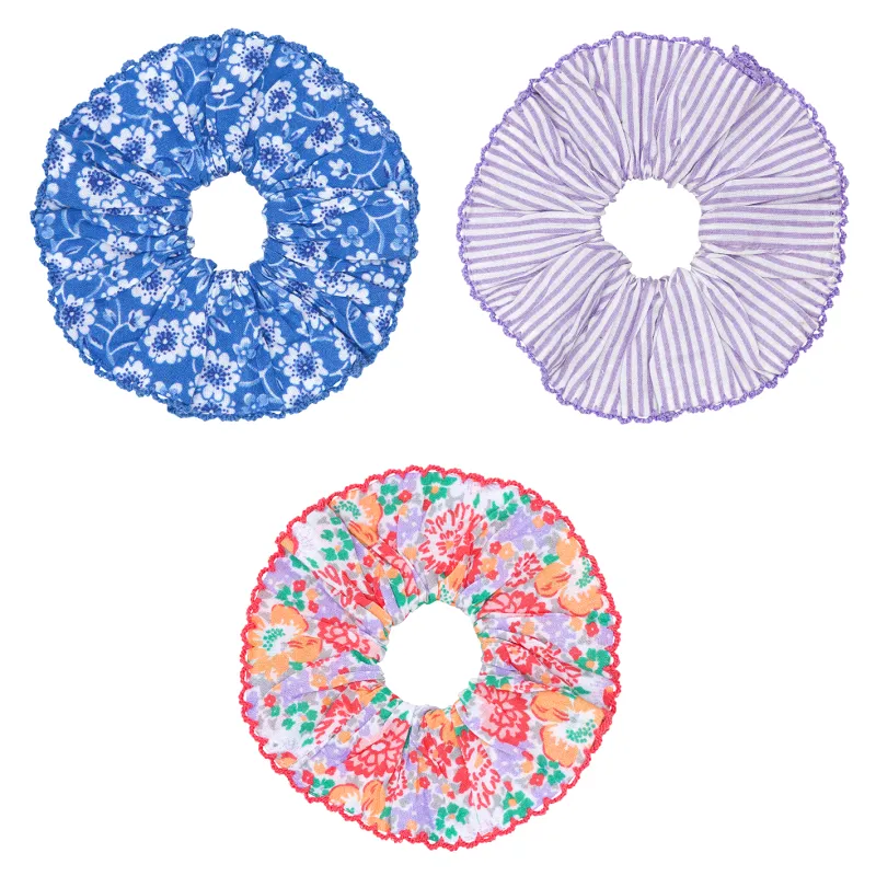set of hair scrunchies in rosebay, lavender stripe and island blossom sold by minnow
