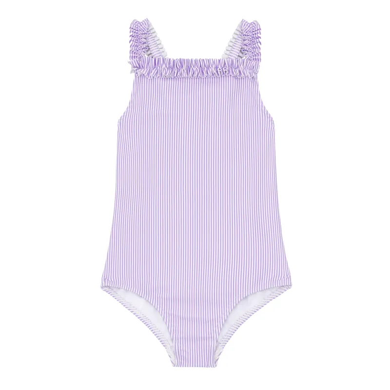 girls lavender stripe ruched strap one piece sold by minnow