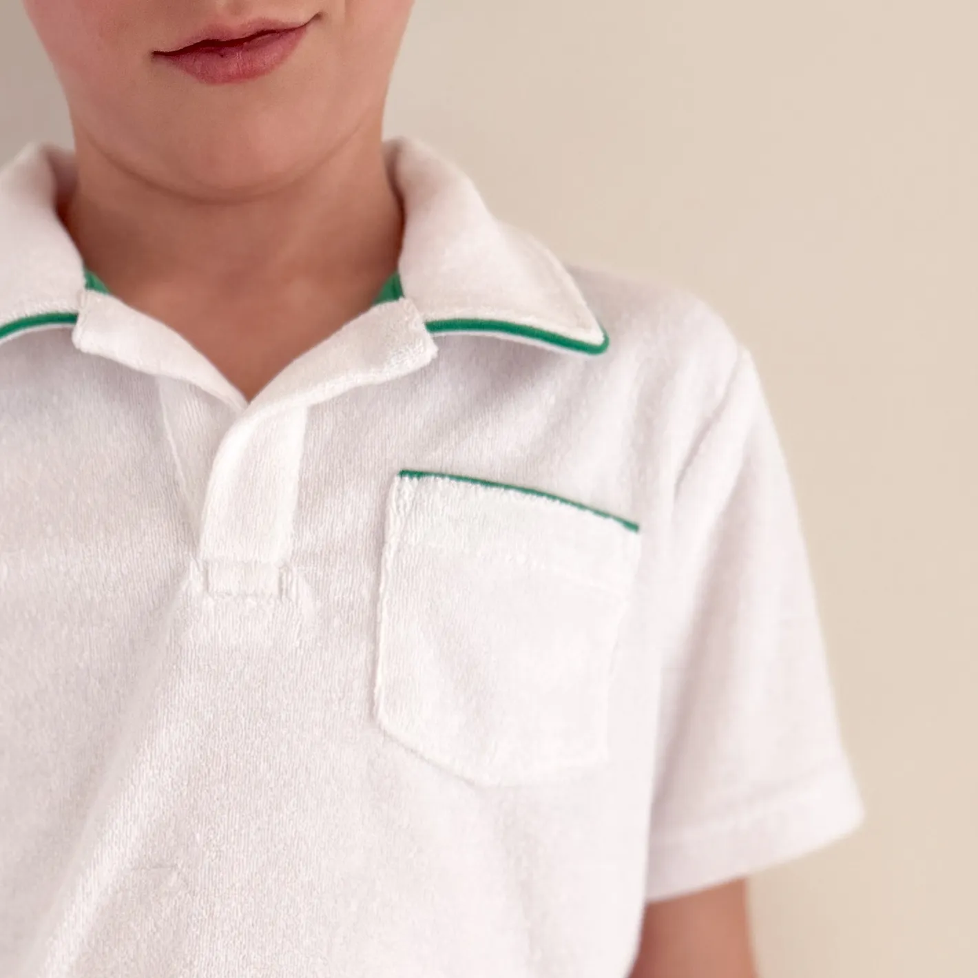 boys white french terry polo with bermuda green trim sold by minnow product image thumbnail 4