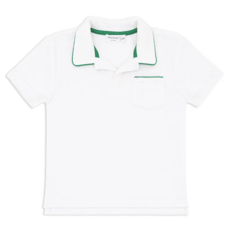 boys white french terry polo with bermuda green trim sold by minnow