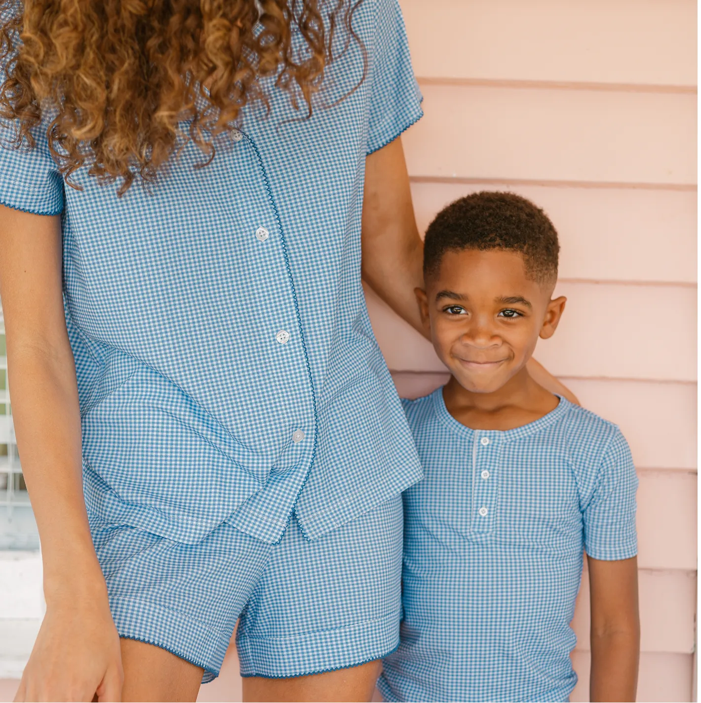 women's sky blue gingham collared shirt and short pima pajamas set sold by minnow product image thumbnail 4