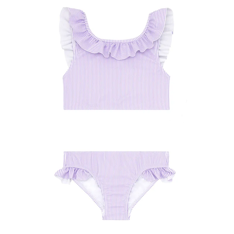girls lavender stripe ruffle neck bikini sold by minnow
