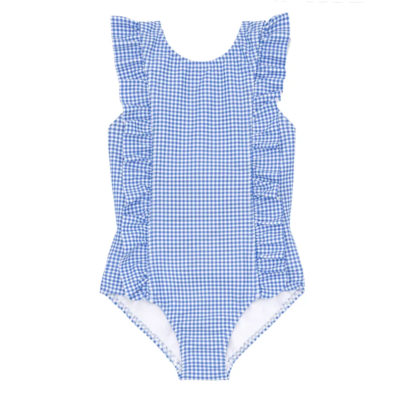 girls sky blue gingham ruffle one piece sold by minnow