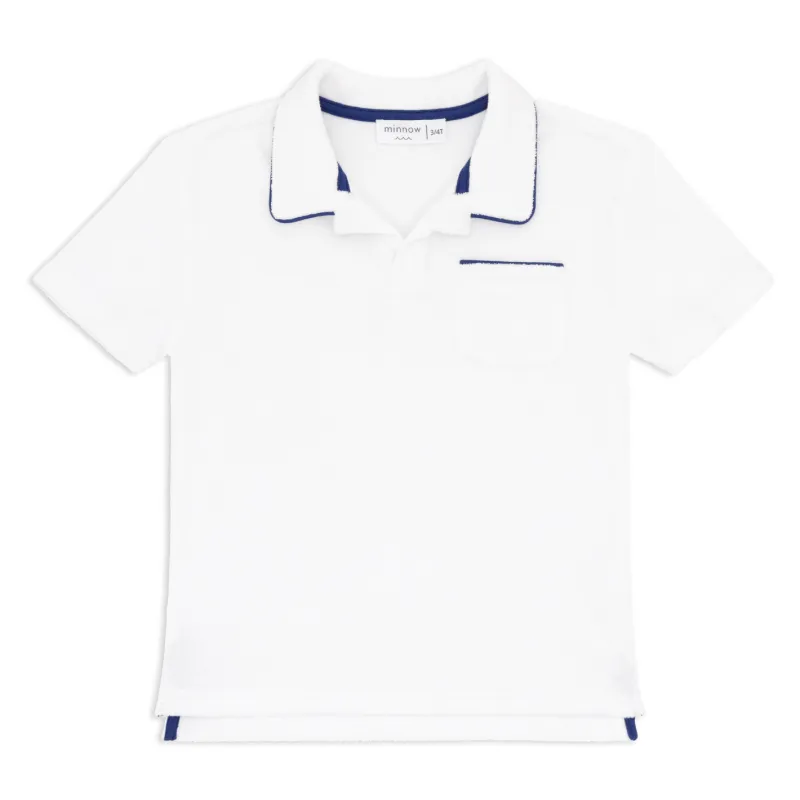unisex white french terry polo with navy piping sold by minnow