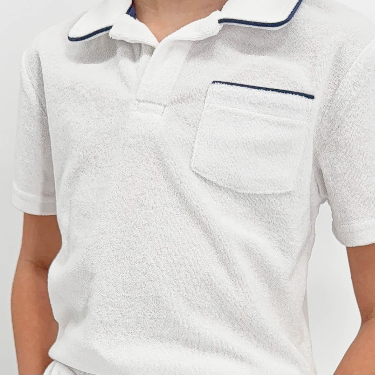 unisex white french terry polo with navy piping sold by minnow product image thumbnail 3