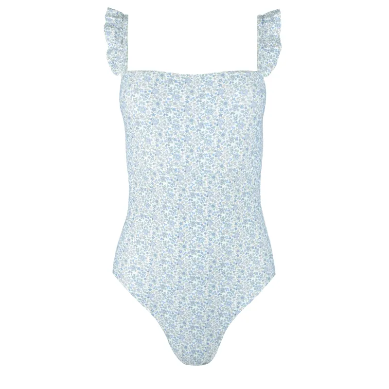 women's slate floral low back ruffle one piece sold by minnow