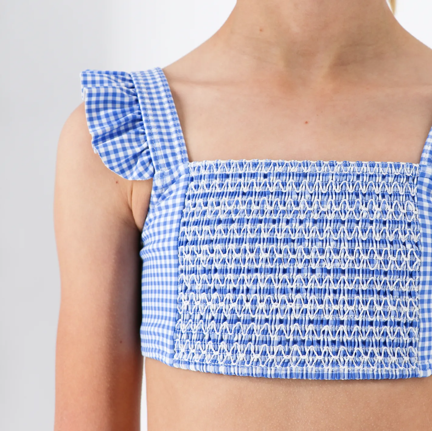 girls sky blue gingham smocked ruffle strap bikini sold by minnow product image thumbnail 2