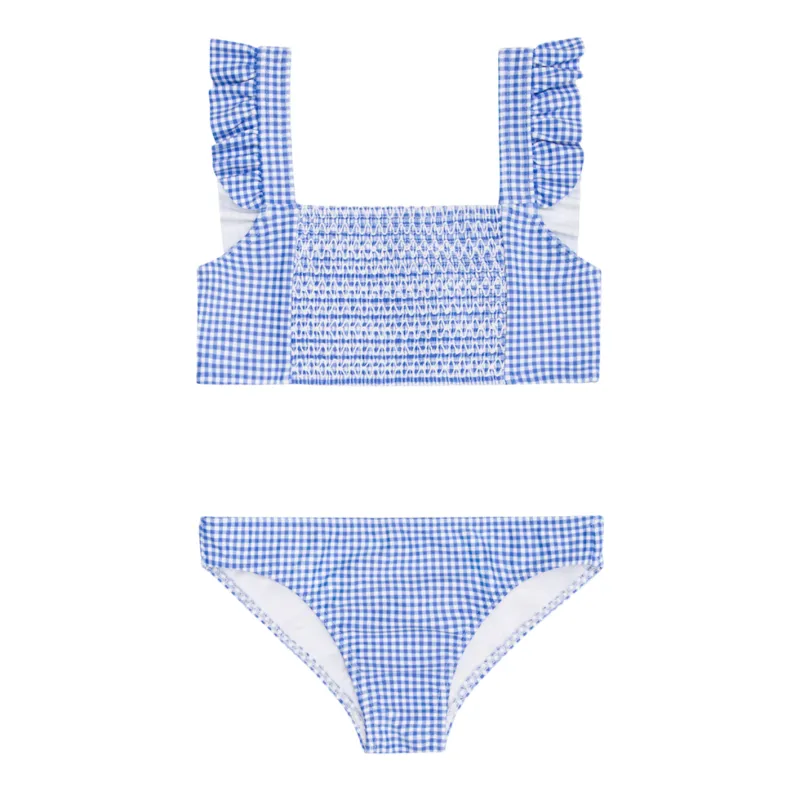 girls sky blue gingham smocked ruffle strap bikini sold by minnow