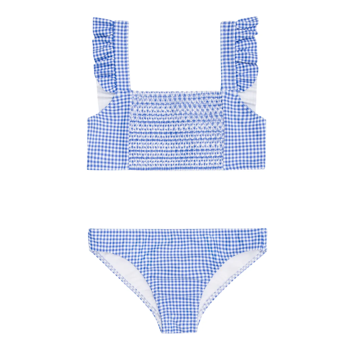 girls sky blue gingham smocked ruffle strap bikini sold by minnow