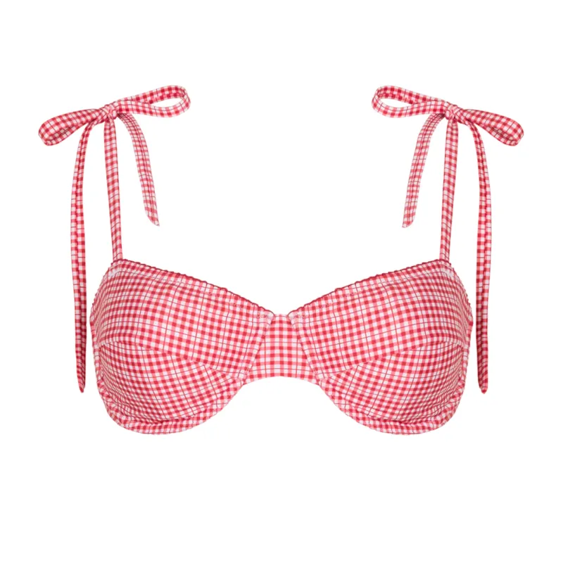 women's poppy gingham cup bikini top with tie straps sold by minnow