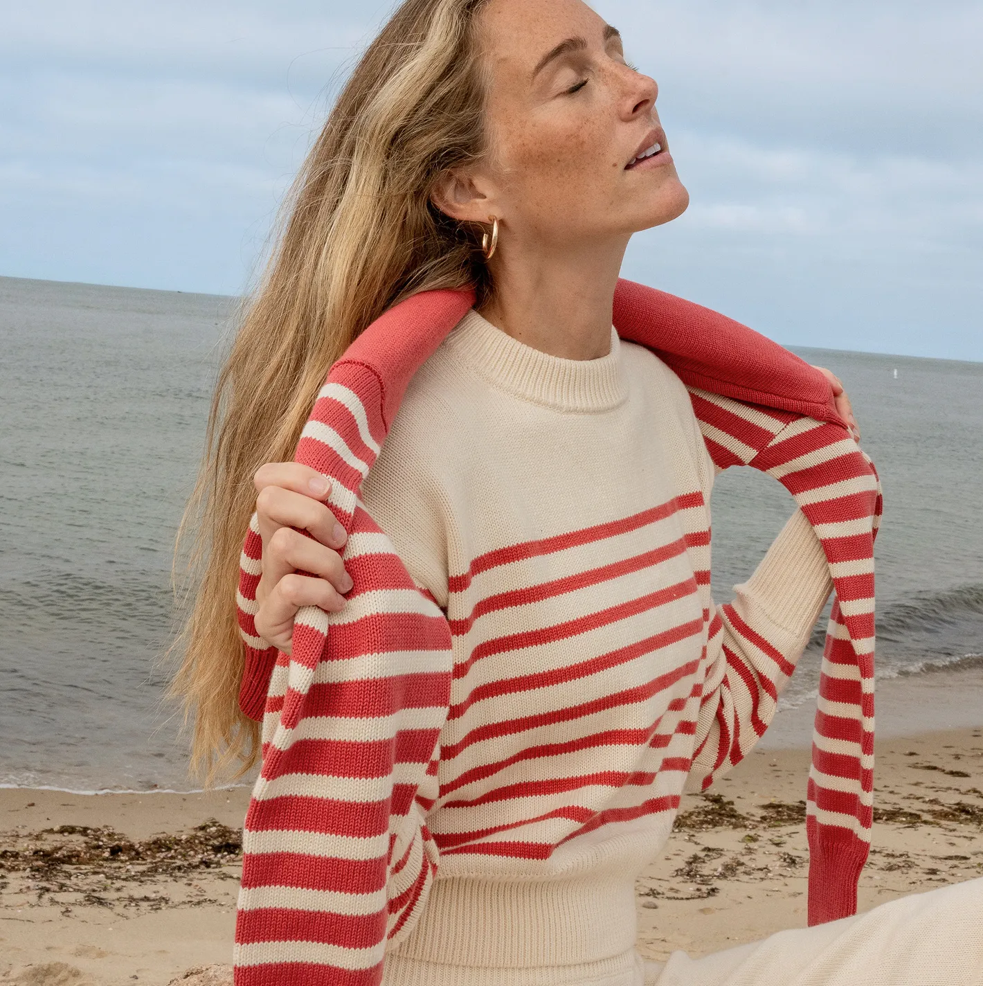 women's cream and red stripe cropped knit sweater sold by minnow product image thumbnail 3