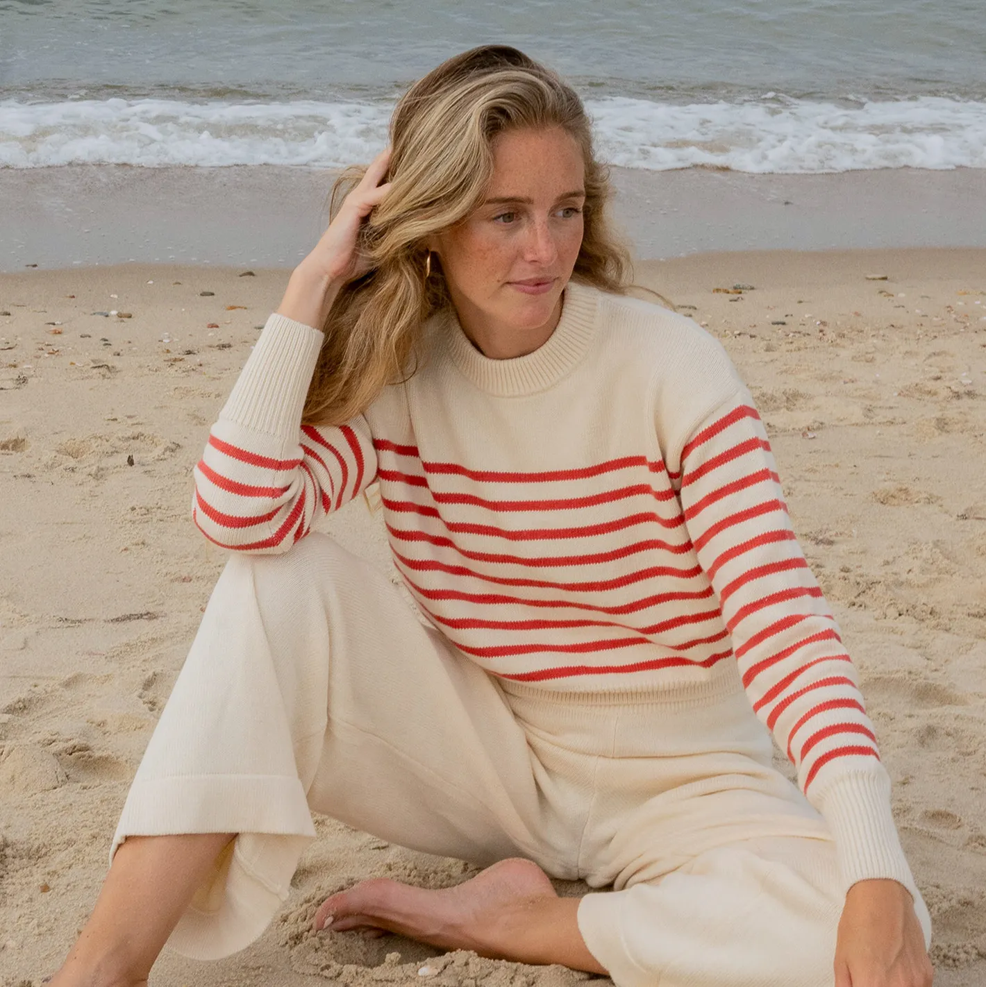 women's cream and red stripe cropped knit sweater sold by minnow product image thumbnail 2