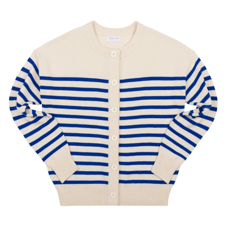 women's cream and blue stripe knit cardigan sold by minnow