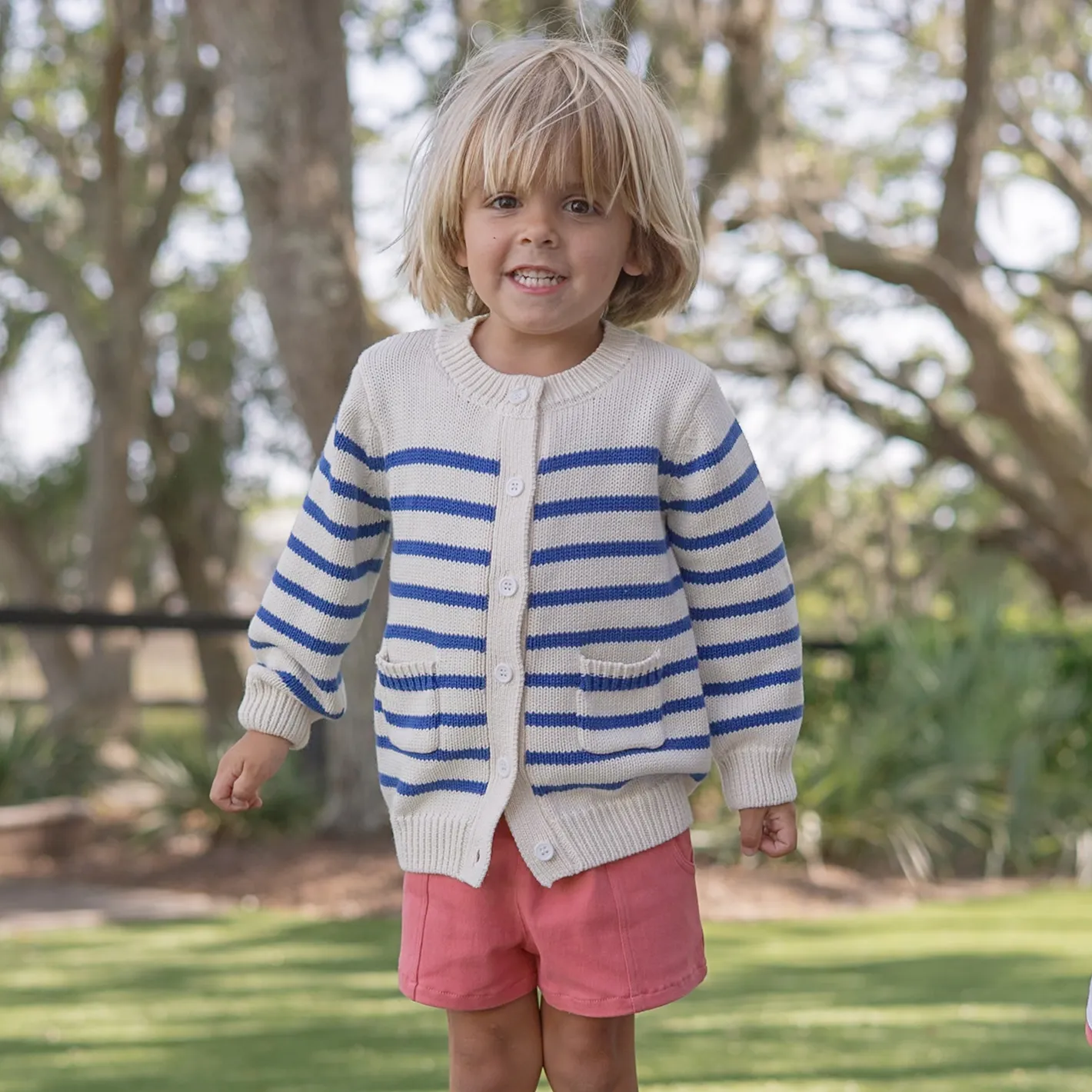 unisex cream and blue stripe knit cardigan sold by minnow product image thumbnail 2