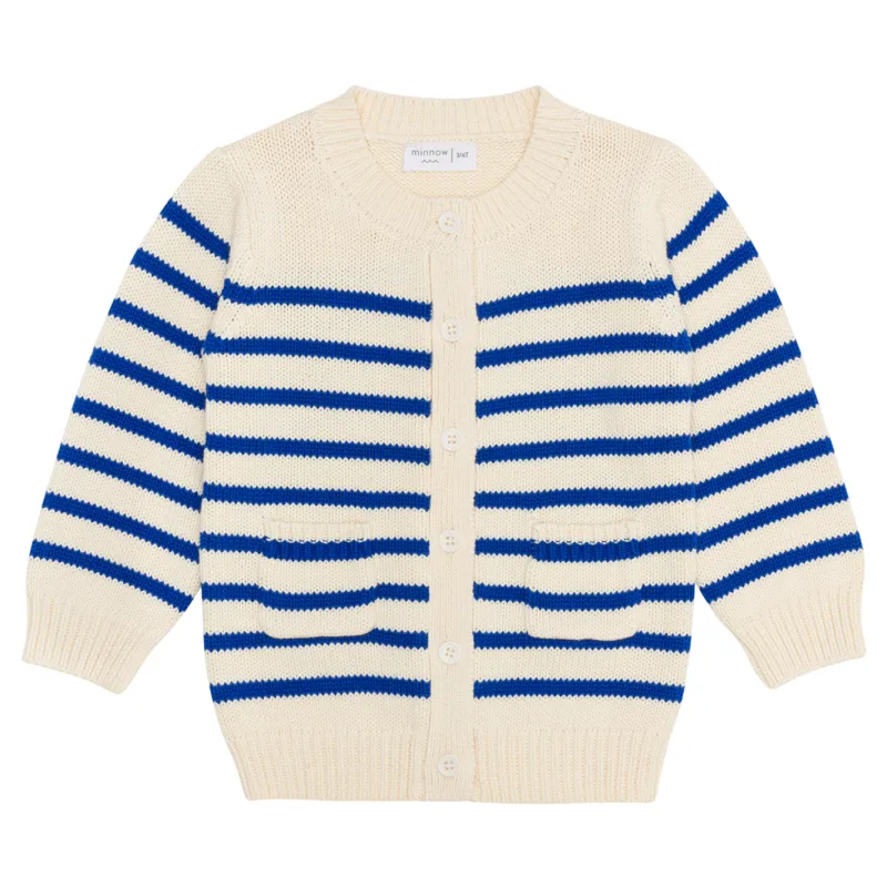 unisex cream and blue stripe knit cardigan sold by minnow