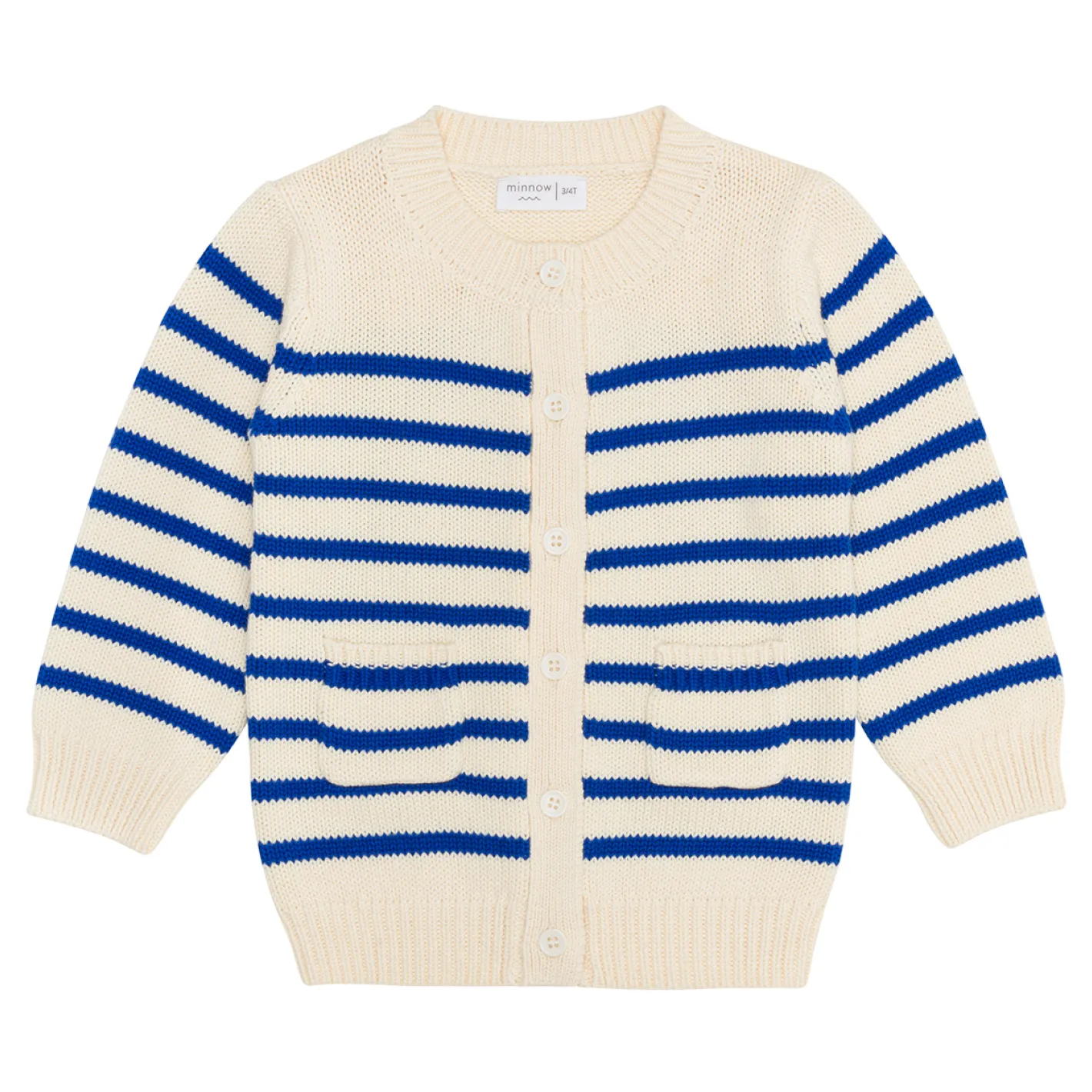 unisex cream and blue stripe knit cardigan sold by minnow
