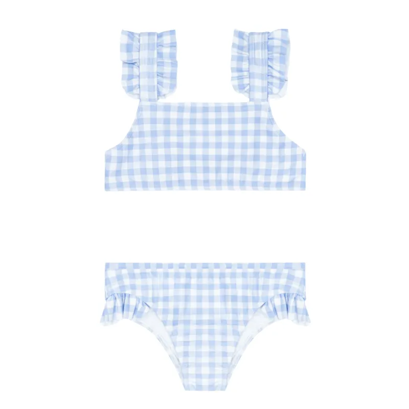 girls oasis blue gingham ruffle strap bikini sold by minnow