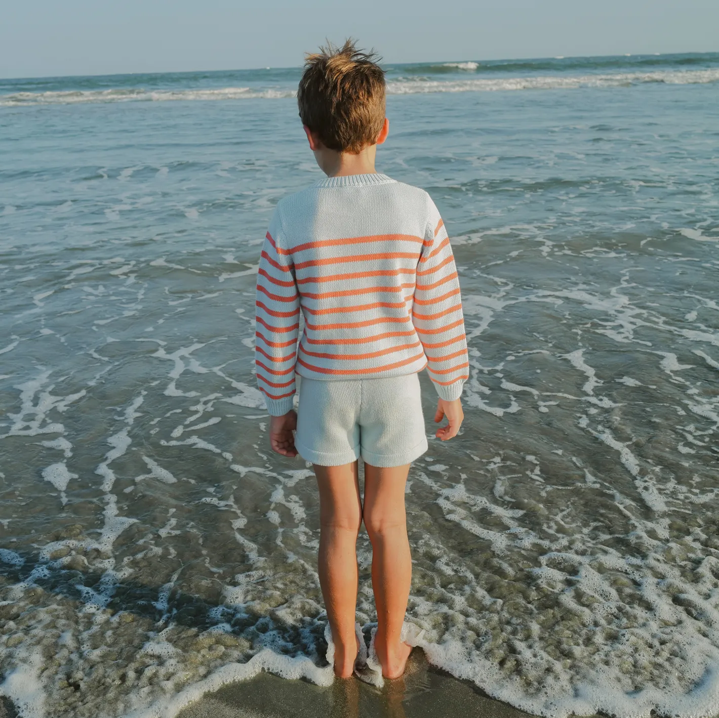 unisex light blue and peach stripe knit sweater sold by minnow product image thumbnail 2